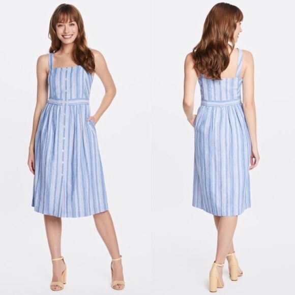 NWOT Women's DRAPER‎ JAMES Striped Linen Blue Apron Midi Dress | Size 12 - Picture 1 of 13